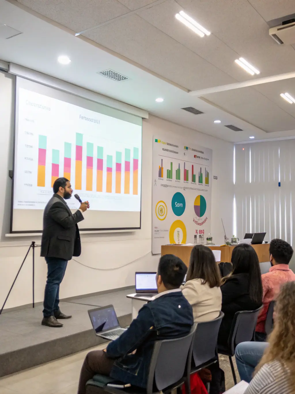 A speaker presenting a financial growth strategy at the E-Commerce Industry Conference, with attendees taking notes and engaging with the content.