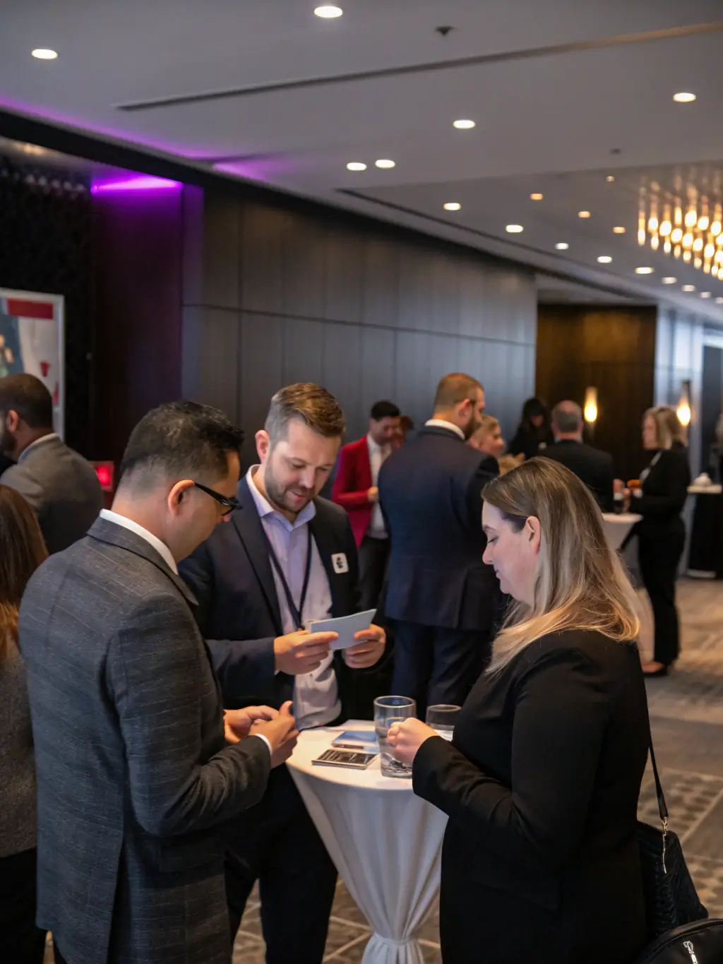 A diverse group of e-commerce professionals networking during a conference break, exchanging business cards and engaging in lively conversation.